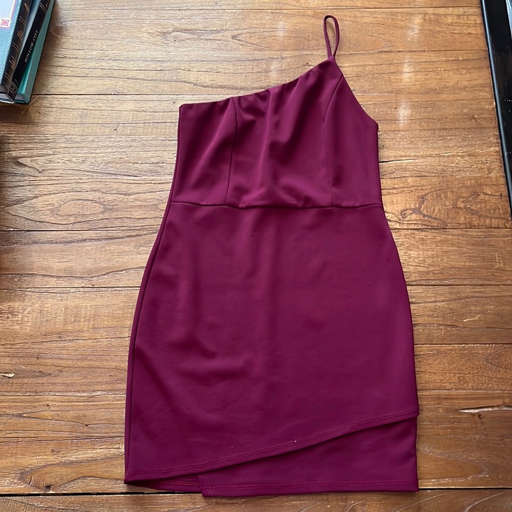 one shoulder maroon mini dress
